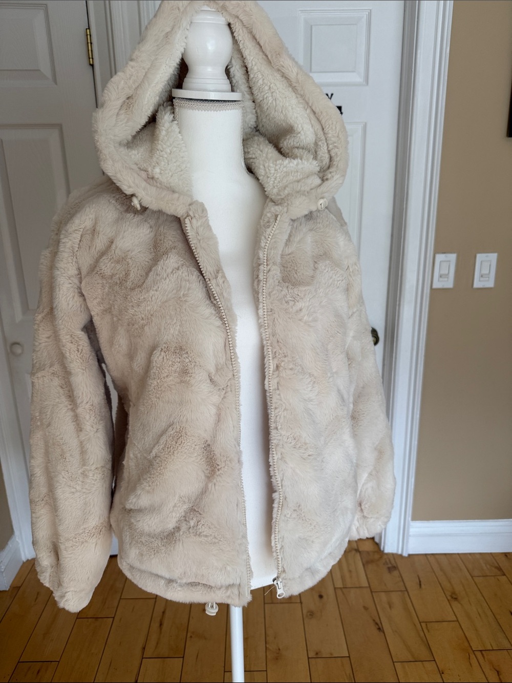 Cozy Hooded Faux Fur Zip Jacket in Cream